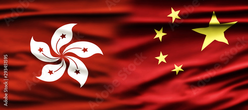 Political relationships. Hong Kong and Chinese Flag. Partnership and conflicts. © PhotoGranary