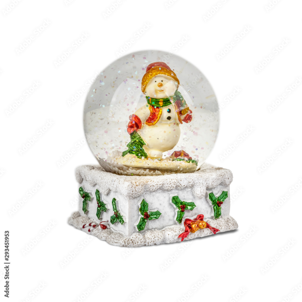 Christmas snow globe isolated on white with snowman.