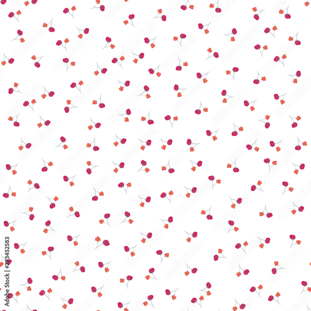 Seamless pattern of small watercolor red flowers on a white background. Use for invitations, greetings, birthdays and weddings
