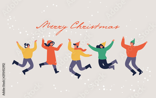 Happy winter vacation. Warmly dressed people are jumping. Merry christmas holiday. Vector illustration in a flat style.