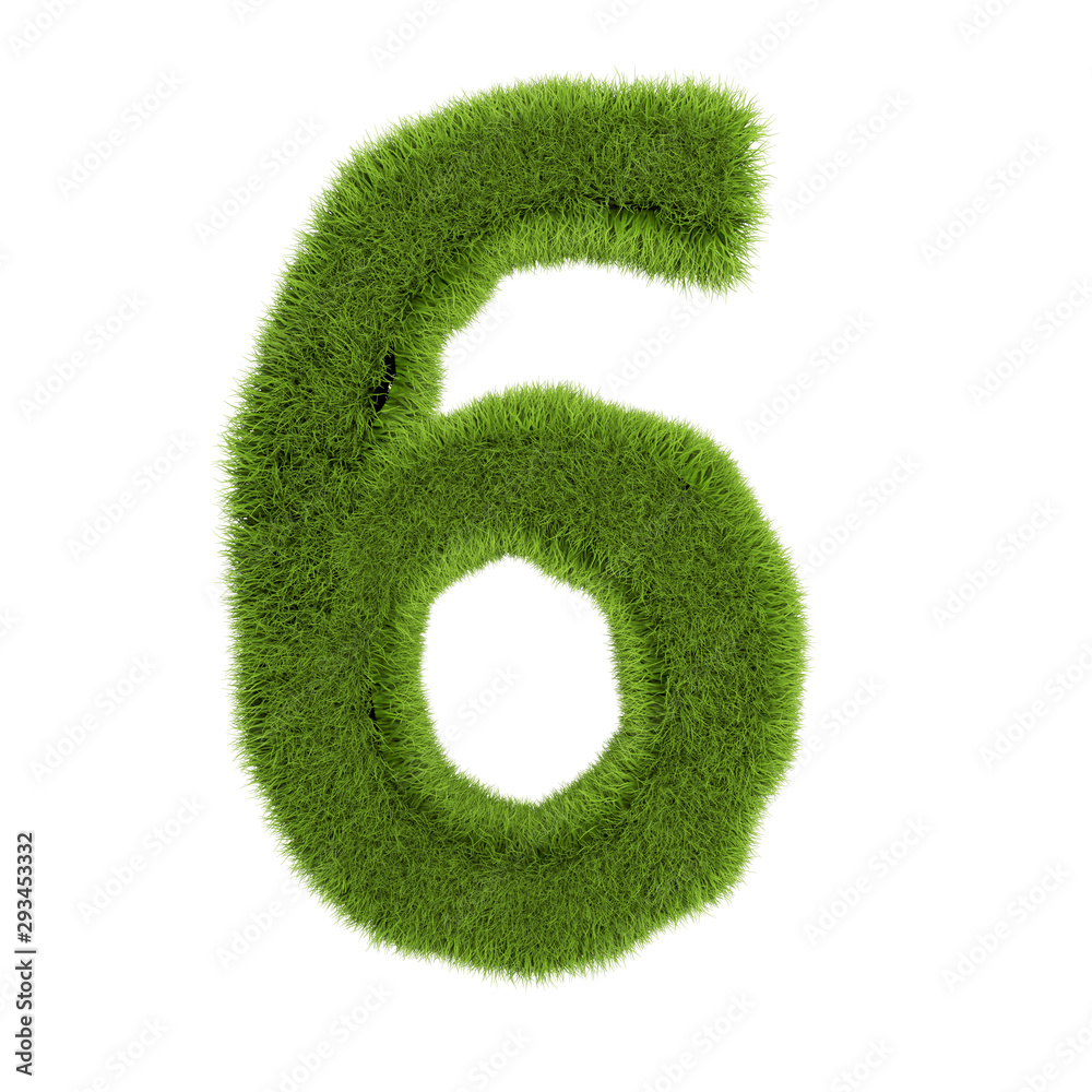 Number 6, made of grass isolated on white background. Symbol covered green grass. Eco letter. 3d illustration Number 6, made of grass isolated on white background. Symbol covered green grass. Eco letter. 3d illustration