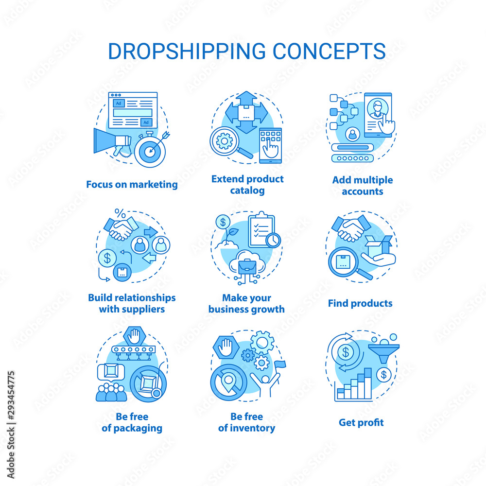 Dropshipping concept icons set. Online delivery service idea thin line illustrations. Focus on marketing, make your business growth, get profit. Vector isolated outline drawings. Editable stroke