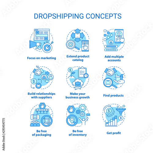 Dropshipping concept icons set. Online delivery service idea thin line illustrations. Focus on marketing, make your business growth, get profit. Vector isolated outline drawings. Editable stroke