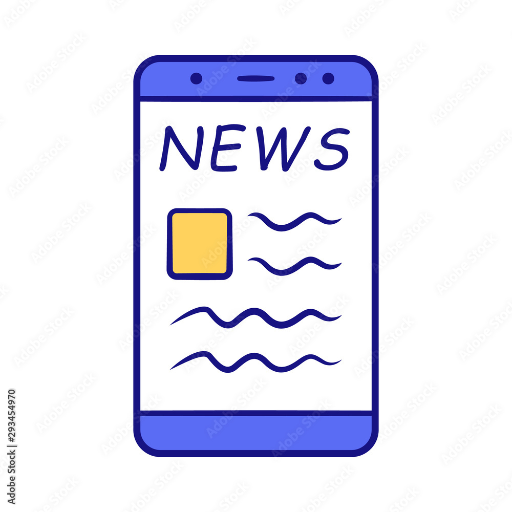 Online news blue color icon. Electronic newspaper mobile app. News websites. Getting actual information. Reading about latest events in social media on smartphone. Isolated vector illustration Online news blue color icon. Electronic newspaper mobile app. News websites. Getting actual information. Reading about latest events in social media on smartphone. Isolated vector illustration