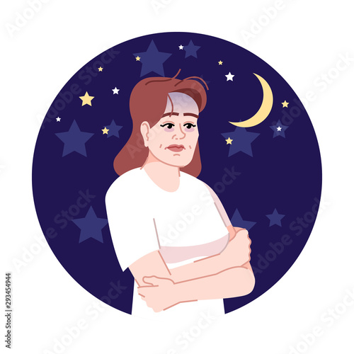 Insomnia flat concept icon. Depressed woman awakening at night sticker, clipart. Worried and stressed woman suffering from sleep disorder isolated cartoon illustration on white background