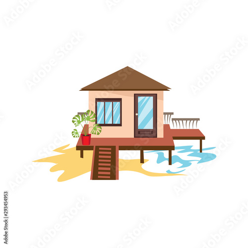 Hand drawn simple overwater bungalow with stairs vector illustration