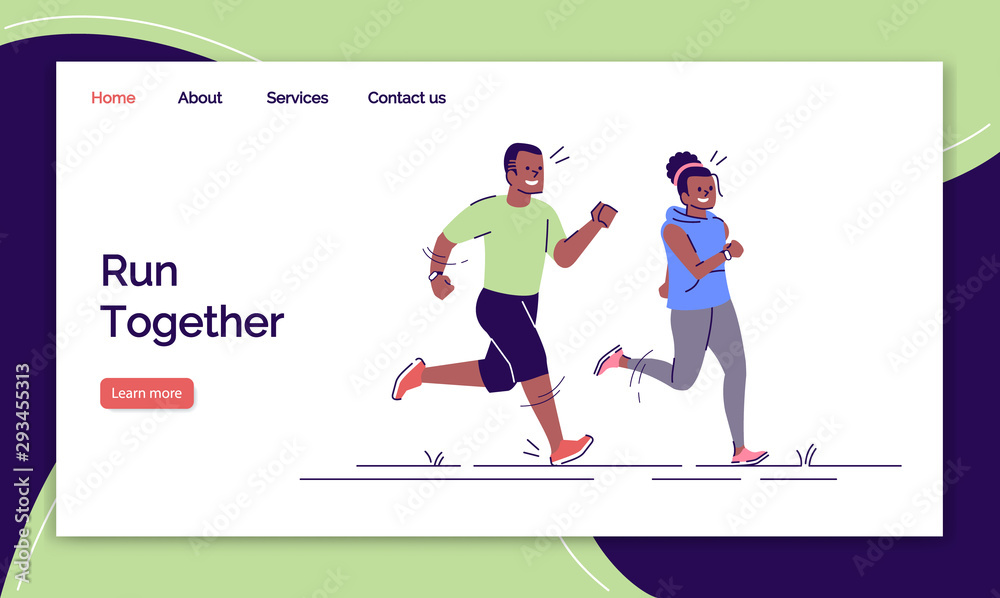 Run together landing page vector template. Outdoor sport activity website interface idea with flat illustrations. Athletic lifestyle homepage layout. Joggers web banner, webpage cartoon concept