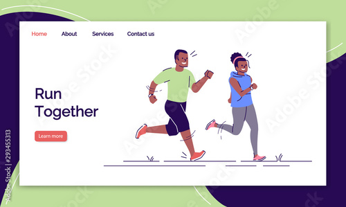 Run together landing page vector template. Outdoor sport activity website interface idea with flat illustrations. Athletic lifestyle homepage layout. Joggers web banner, webpage cartoon concept