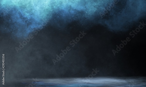 Wet asphalt, reflection of neon lights, a searchlight, smoke. Abstract light in a dark empty street with smoke, smog. Dark background scene of empty street, night view, night city.