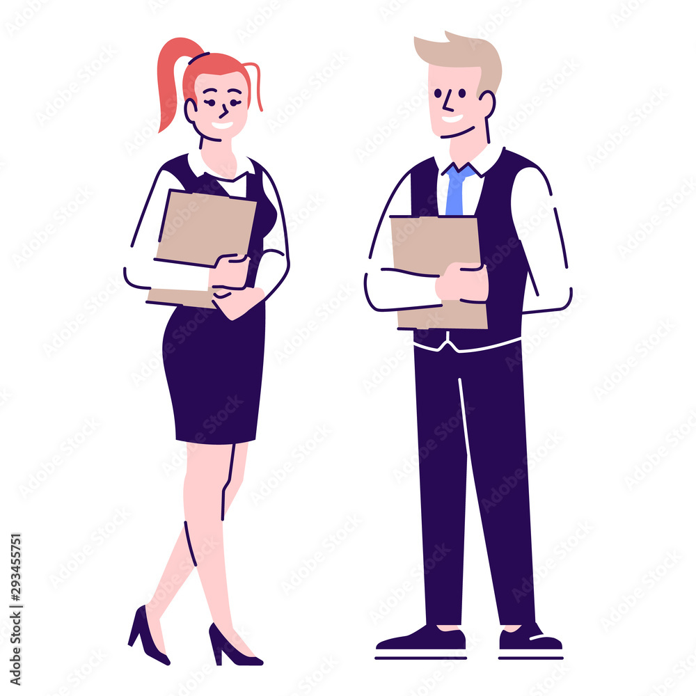 Receptionists flat vector character. Personal assistants, client managers, office workers with clipboards cartoon illustration. Woman and man administrators. Hostess, secretary isolated on white Receptionists flat vector character. Personal assistants, client managers, office workers with clipboards cartoon illustration. Woman and man administrators. Hostess, secretary isolated on white