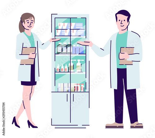 Pharmacists colleagues flat vector characters. Pharmacy sellers, druggists standing near medications cupboard cartoon illustration. Drugstore workers. Pharmacologist, chemist isolated on white
