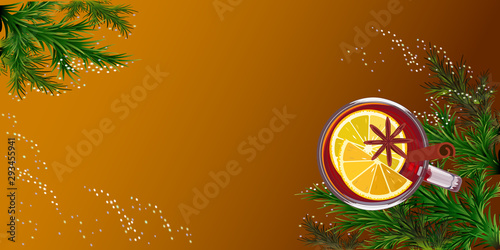  Mulled wine in glass mug with spices and orange slices. Christmas hot drink on a terracotta background. Top view.