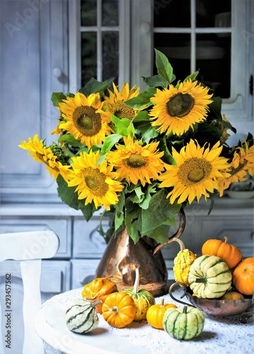 still life with sunflowers and pumpkins, autumn still life