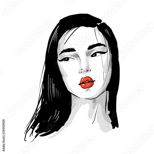 Asian girl fashion romantic portrait with red lips in black and white.
