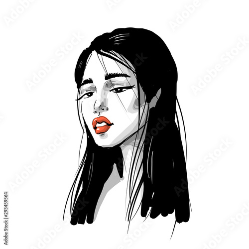 Asian girl fashion romantic portrait with red lips in black and white inky style