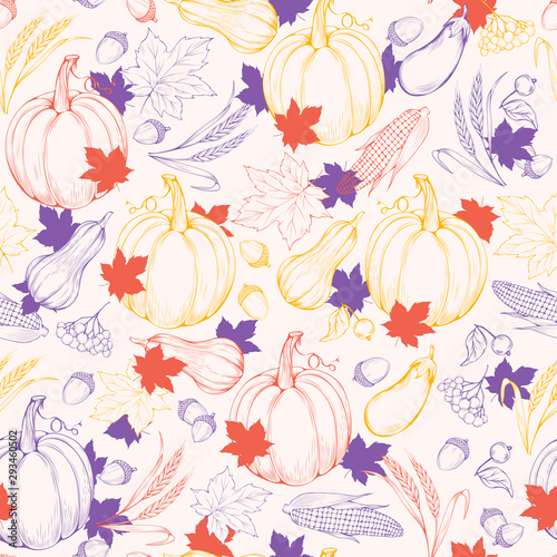 Autumn vegetables harvest vector seamless pattern. Hand drawn pumpkins, acorns, corn, aubergines engravings. Natural veggies and maple leaves decorative texture. Fall season wallpaper design