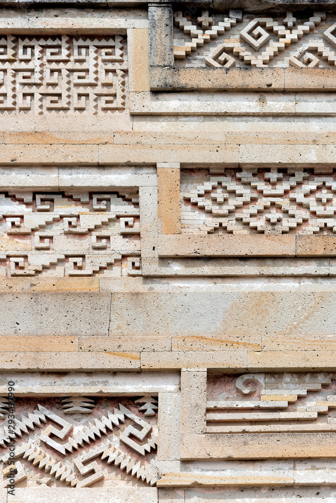 Close up of intricate mosaic fretwork of the geometric patterns called grecas. Mitla, Mexico