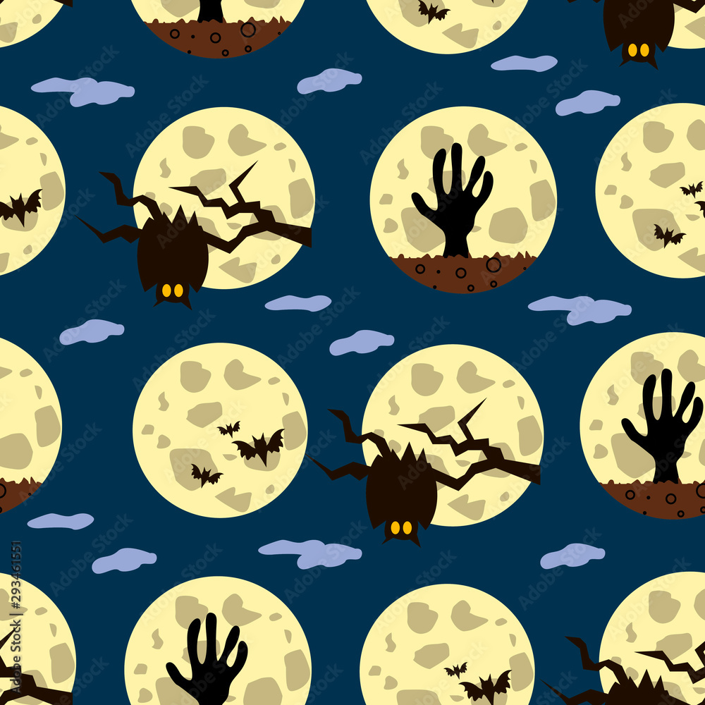 Halloween lunar festive seamless pattern background with hand drawing elements the moon, owls, bats, zombies, grave.