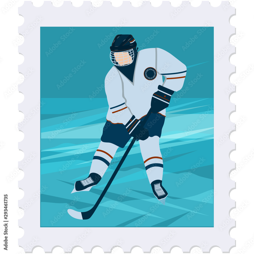 Obraz premium Winter sport. Postage stamp - hockey player - isolated on white background - vector. Travel stamp.