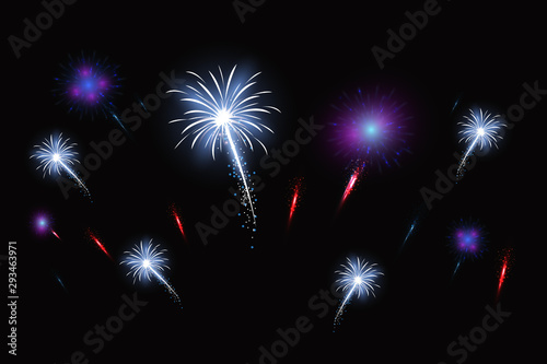 Festive patterned fireworks in the city, bursting in various forms, sparkling pictograms Abstract. New Year and birthdays. Vector illustration