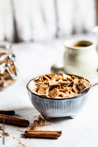 Close-up of fresh homemade baked cinnamon cereals with yogurt in bowl on table photo