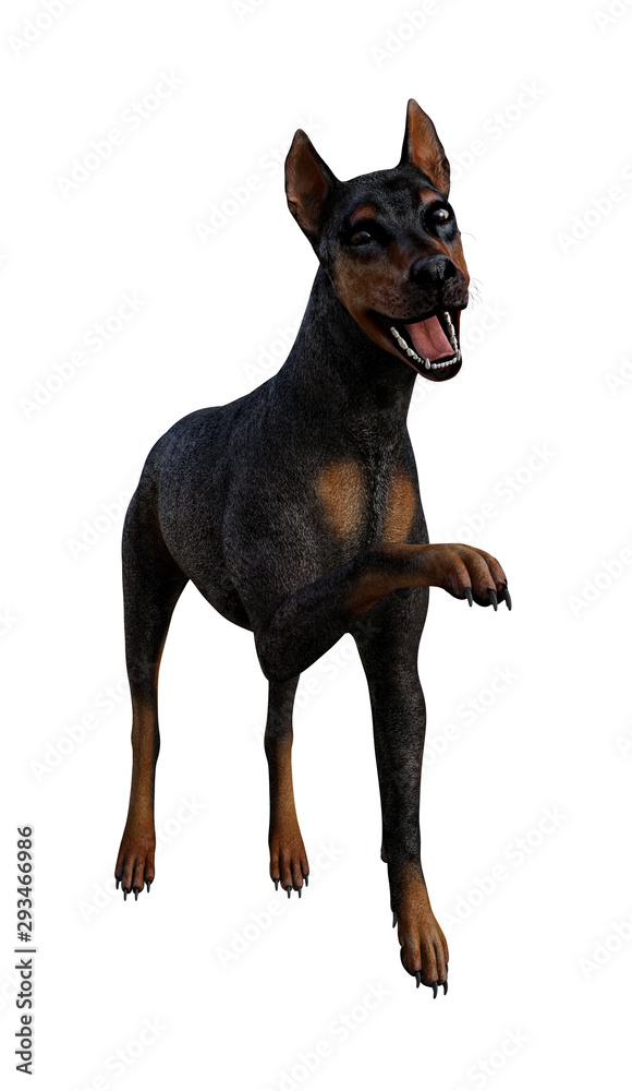 3d Illustration of a dog with ears up smiling with open mouth and raised paw