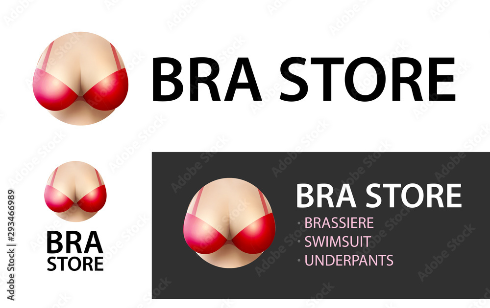 bra, breast, lady, store, intimate, logo, brassiere, shop, tits, vector,  female, illustration, design, icon, logotype, boobs, swimsuit, uplift,  white, emblem, hooters, denude, sex, sexy, red, bikini, Stock Vector