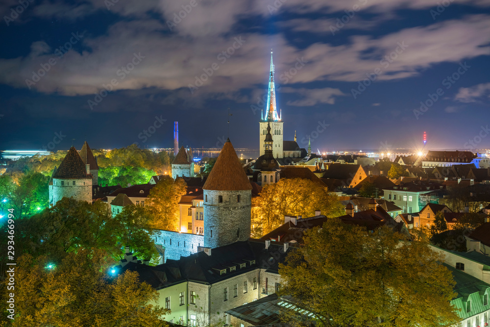Night view of the old city with St. Olaf's Church, Tallinn, Estonia Night view of the old city with St. Olaf's Church, Tallinn, Estonia