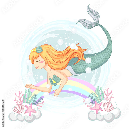 vector illustration of cute mermaid with rainbows and coral shell plants hand draw .