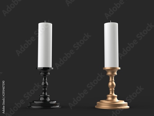 White wax candles on black and gold candle holders
