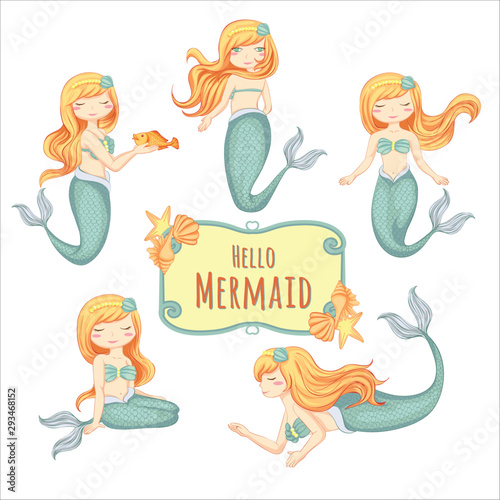 Obraz Syrenka  set-of-illustration-cute-little-mermaid-hand-drawn