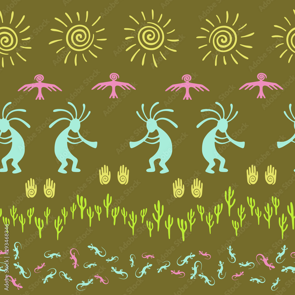 Traditional, design with trickster god, swirl icons on human palm, sun, eagle. Traditional, design with trickster god, swirl icons on human palm, sun, eagle.