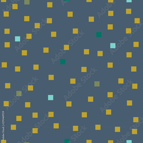 Minimalist geometric vector repeating pattern with scattered yellow and green squares and blue background.