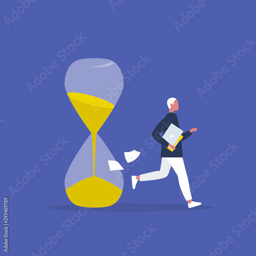 Running out of time. Sand glass. Young male character hurrying up before the deadline. Office. Management. Modern life. Stress.