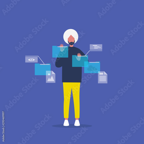 Augmented reality. Blue Holographic display. Young indian male character working with folders and files. Futuristic lifestyle. Office. Manager. Flat ediatble vector illustration, clip art
