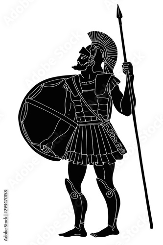 Ancient Greek warrior with a spear and shield in his hands is ready to attack. Vector illustration isolated on white background.