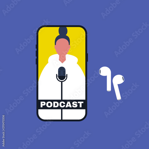 Podcast. Mobile phone display and wireless earphones. A silhouette of female character. Microphone. Modern technologies. Flat editable vector illustration, clip art