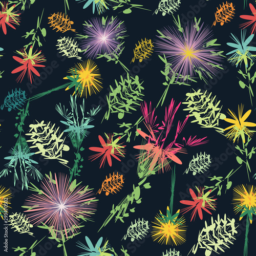 Hand drawn colorful flowers and leaves on dark background. Vector repeating pattern.