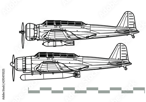Nakajima B5N Kate. Outline vector drawing
