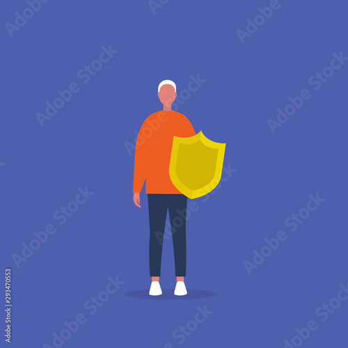 Young male character protecting himself with a shield
