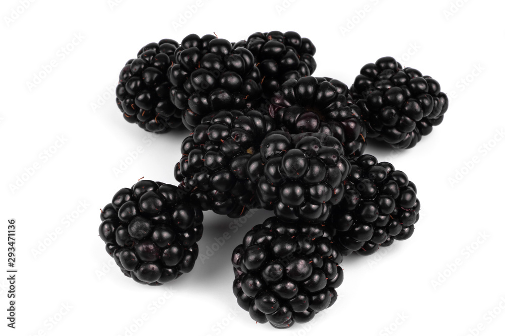 Group of natural ripe shiny blackberries laying on white background Group of natural ripe shiny blackberries laying on white background