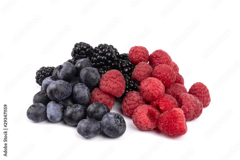 Side view on a set of organic blackberries, blueberries and raspberries Side view on a set of organic blackberries, blueberries and raspberries