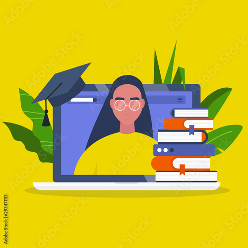 Online education. Webinar. Laptop screen, a stack of books and a graduation cap. Young female character portrait. Flat editable vector illustration, clip art