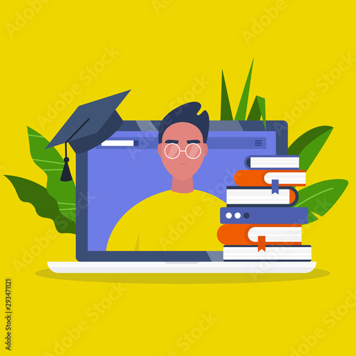 Online education. Webinar. Laptop screen, a stack of books and a graduation cap. Young male character portrait. Flat editable vector illustration, clip art