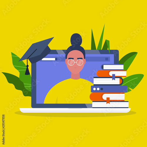Online education. Webinar. Laptop screen, a stack of books and a graduation cap. Young female character portrait. Flat editable vector illustration, clip art