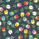 Vector seamless floral pattern with hand drawn colorful tulips on dark backg