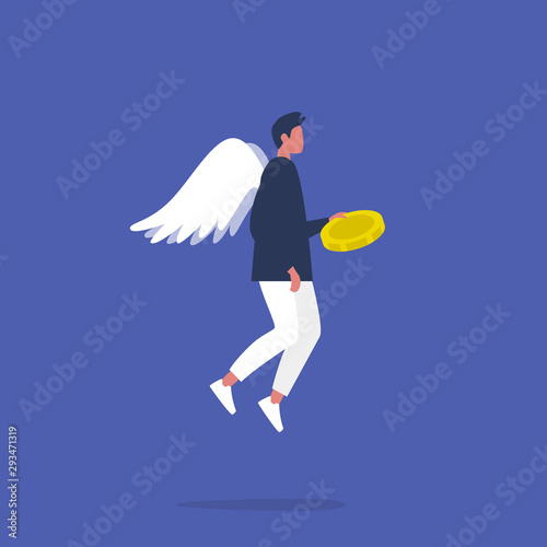 Angel investor. Young male character with wings holding a coin. Business. Money. Investment. Flat editable vector illustration, clip art