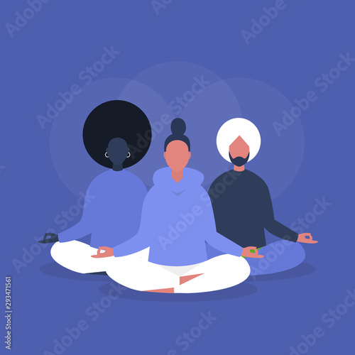 Yoga class. Mindfulness. Meditation. Group workout. Modern life of millennials. Flat editable vector illustration, clip art