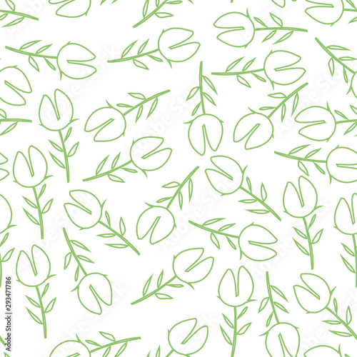 Vector repeating hand drawn pattern with green leaves and flowers on white background.