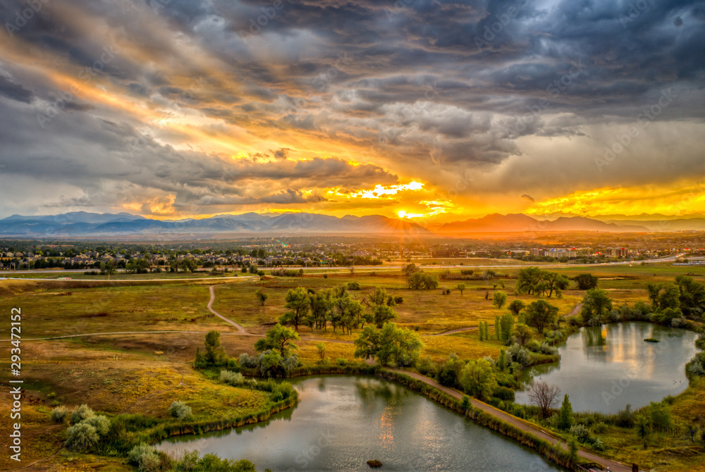 Aerial of sunset over Westminster Colorado